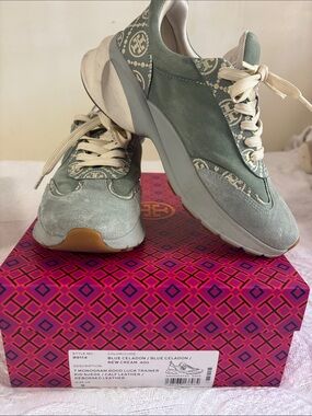 Tory Burch Blue Celadon Suede & Logo Panel Sneakers